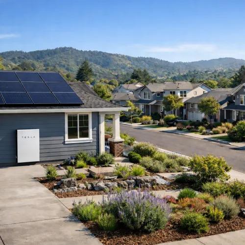 Suburban home with rooftop solar and wall-mounted battery storage